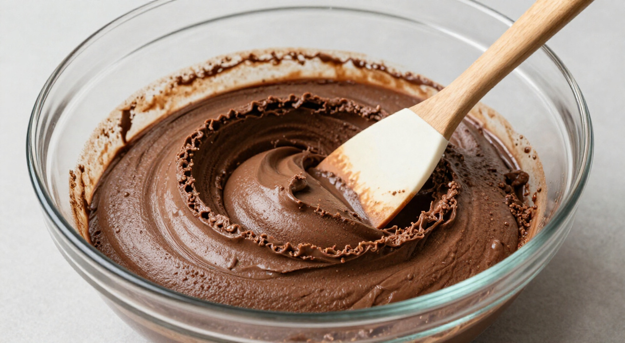 Airy, streak-free chocolate batter in a large mixing bowl