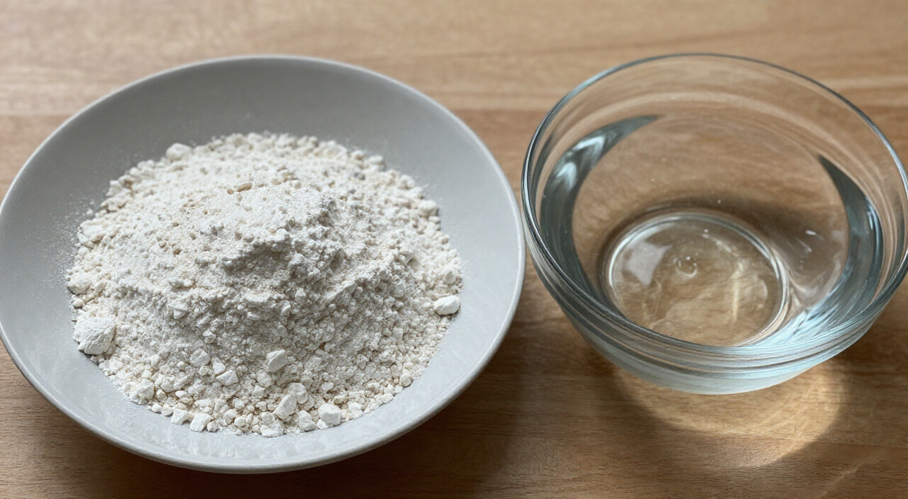 bread flour in a shallow saucer beside a glass bowl of lukewarm water on a wooden counter