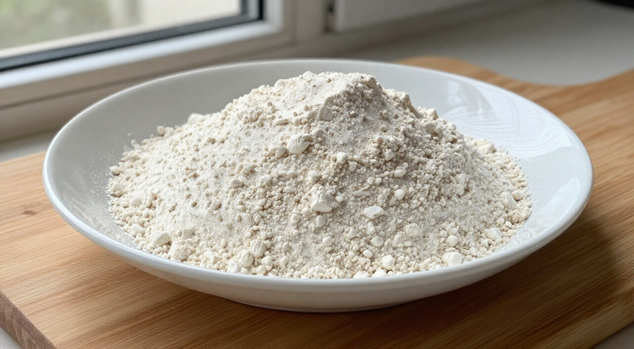bread flour in a shallow white saucer on a wooden cutting board