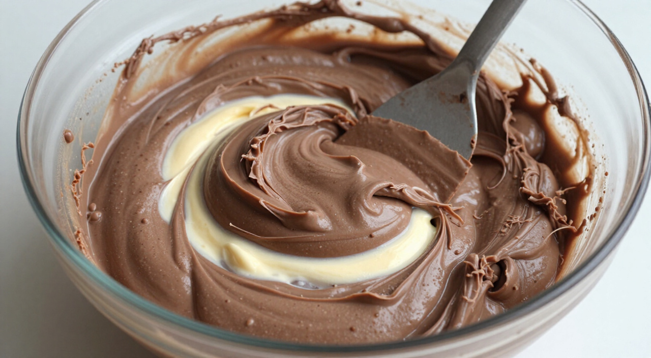 Chocolate mixture loosened with a first portion of whipped eggs