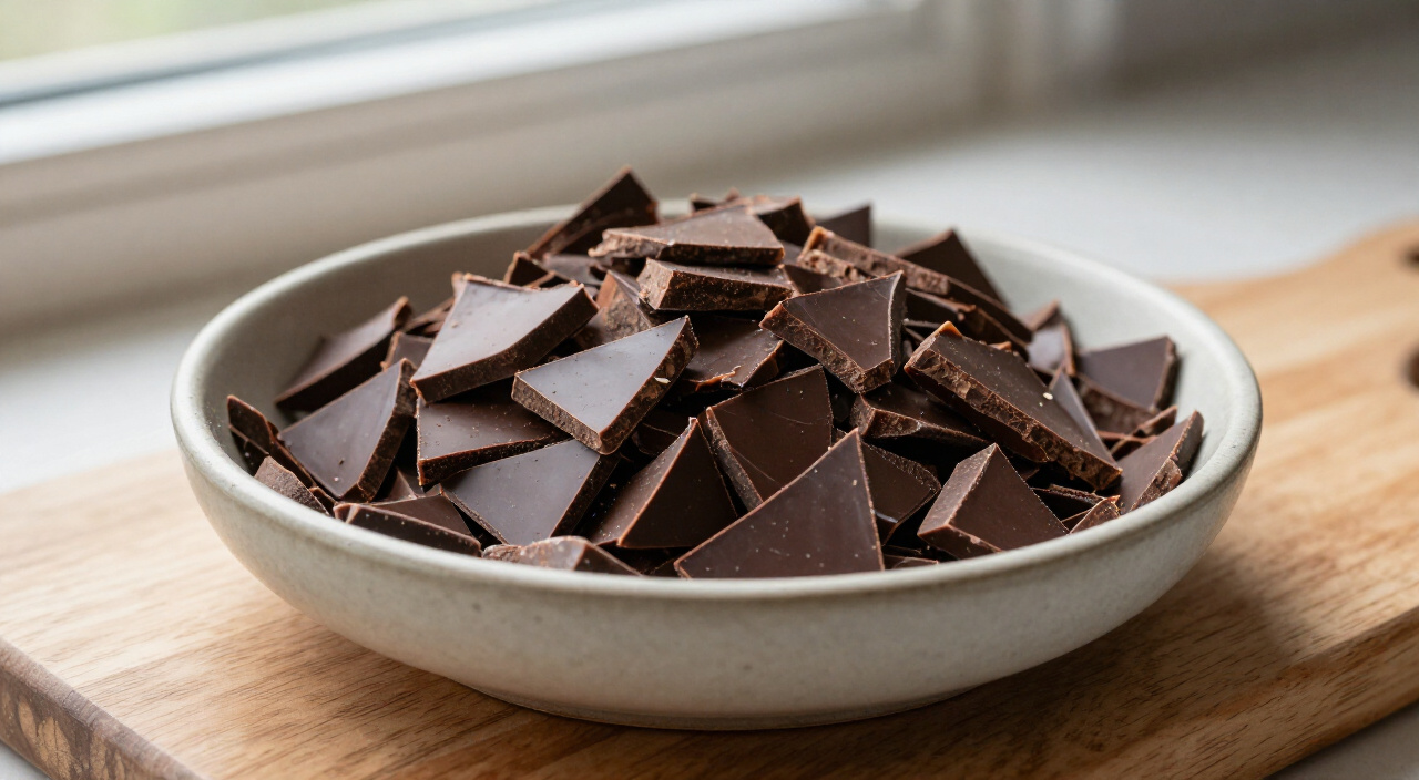chopped bittersweet chocolate shards in a bowl on a wooden cutting board