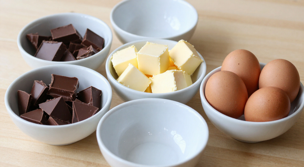 Chopped chocolate, cubed butter and six eggs in small bowls for a flourless chocolate cake