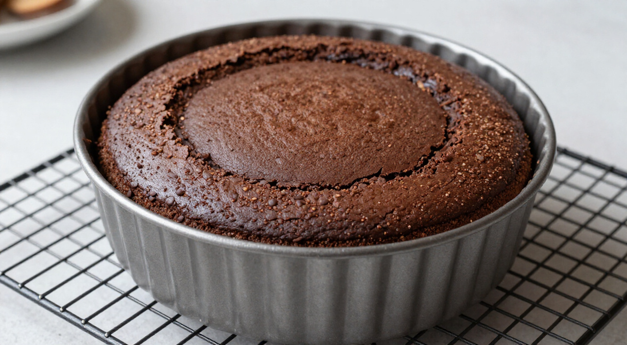 Cooled flourless chocolate cake with a sunken, crackled top on a wire rack