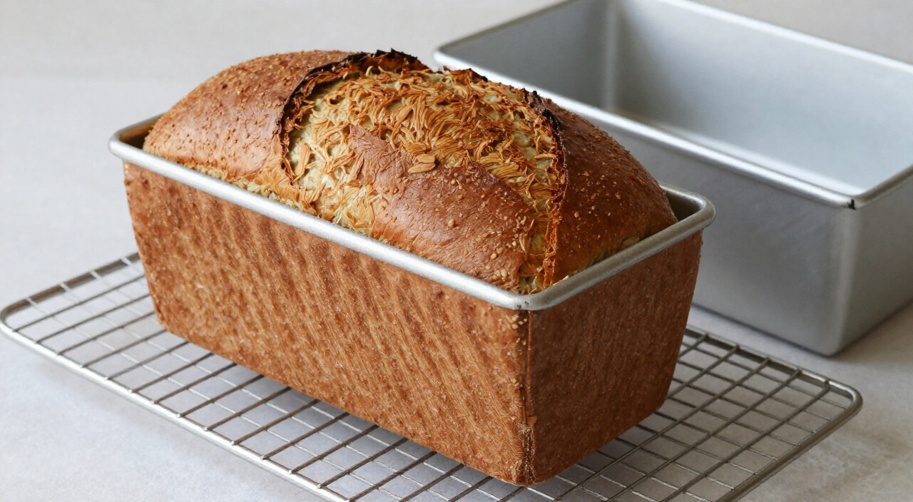 cooled gluten free bread loaf on a wire cooling rack