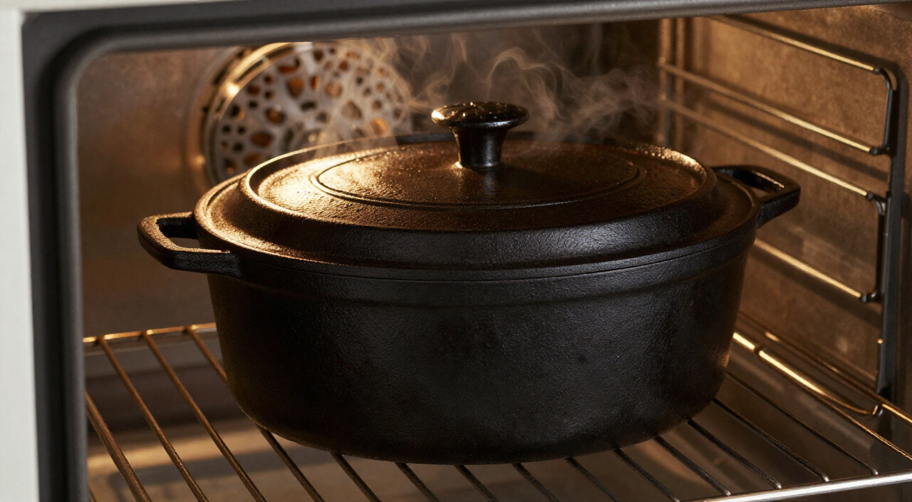covered cast-iron Dutch oven baking in a hot oven