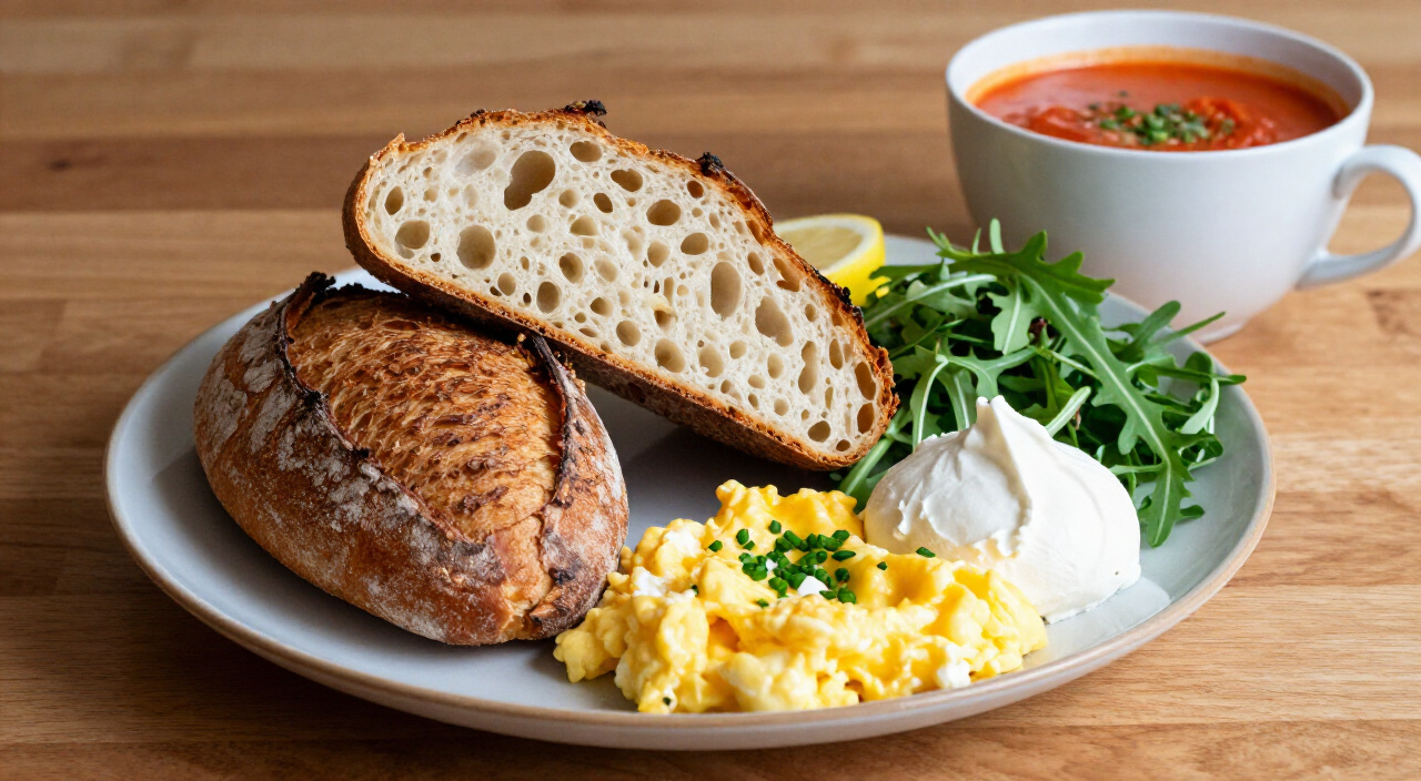 Crusty golden boule slices plated with scrambled eggs, arugula salad, whipped ricotta and creamy tomato soup