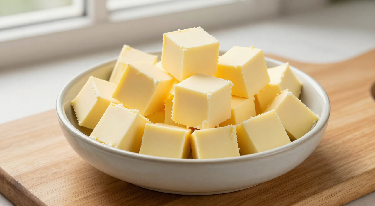 cubed unsalted butter in a bowl on a wooden cutting board