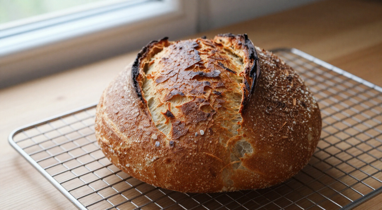 deep golden-brown crackly boule with an opened curved score cooling on a wire rack