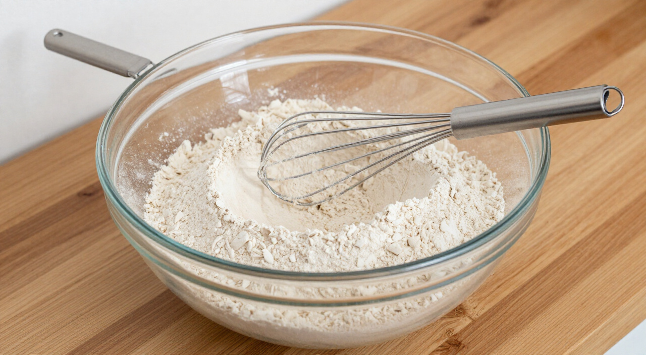 dry gluten free flour mixture in a glass bowl with a whisk