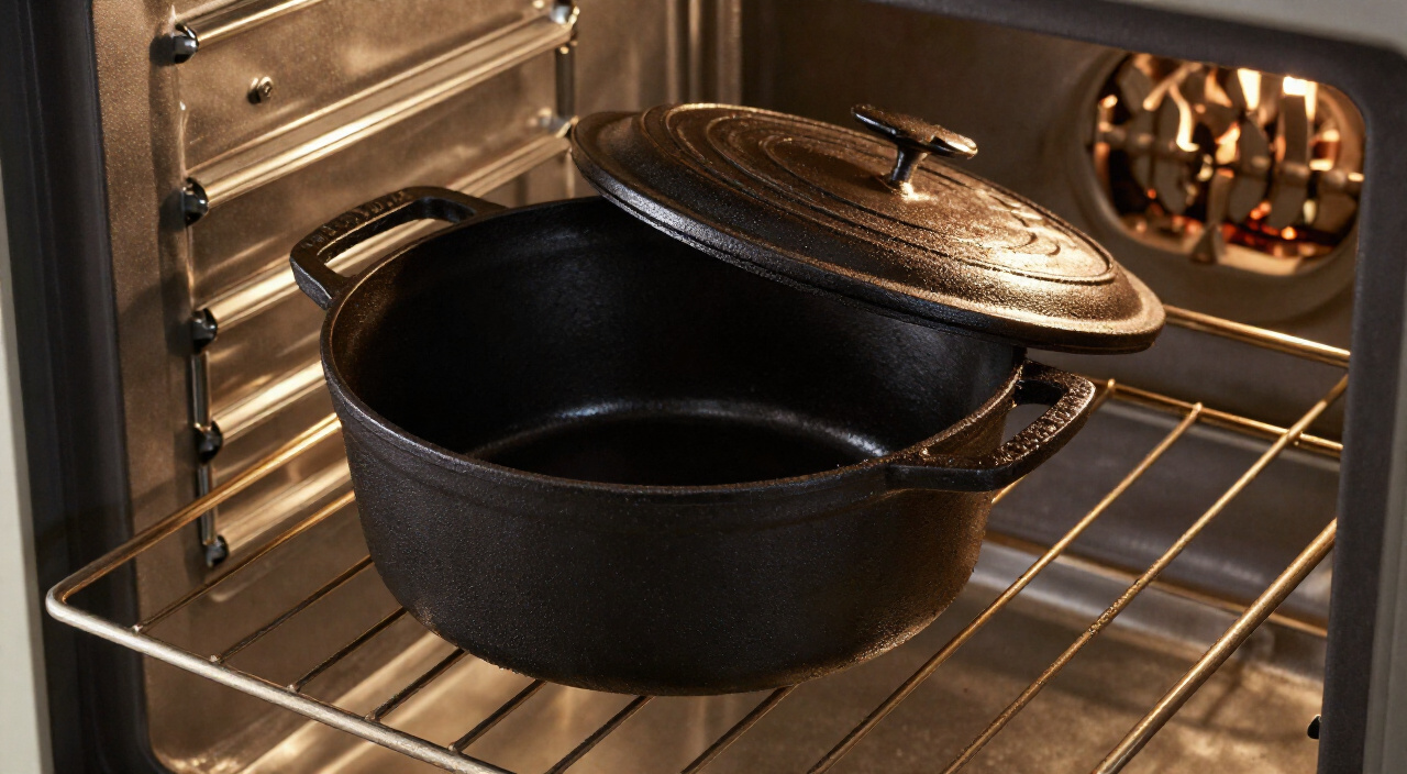 empty cast-iron Dutch oven preheating in a hot oven
