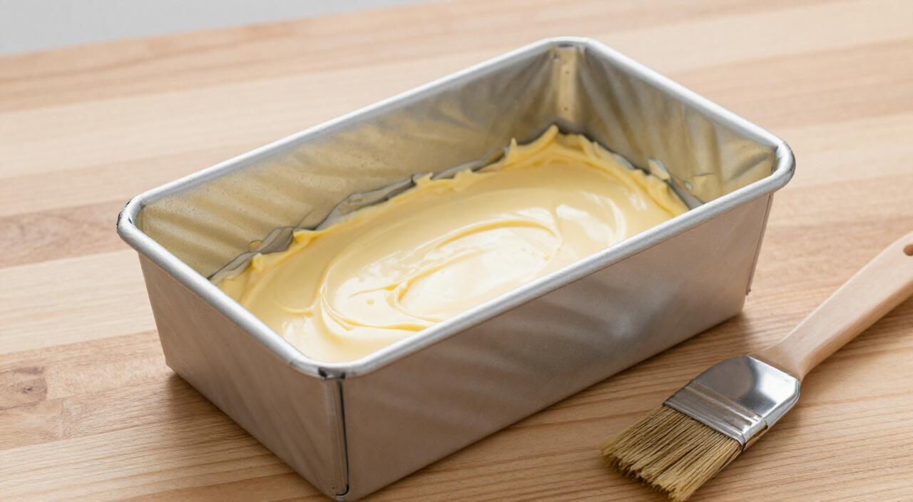 empty metal loaf pan brushed with a glossy film of softened butter beside a pastry brush