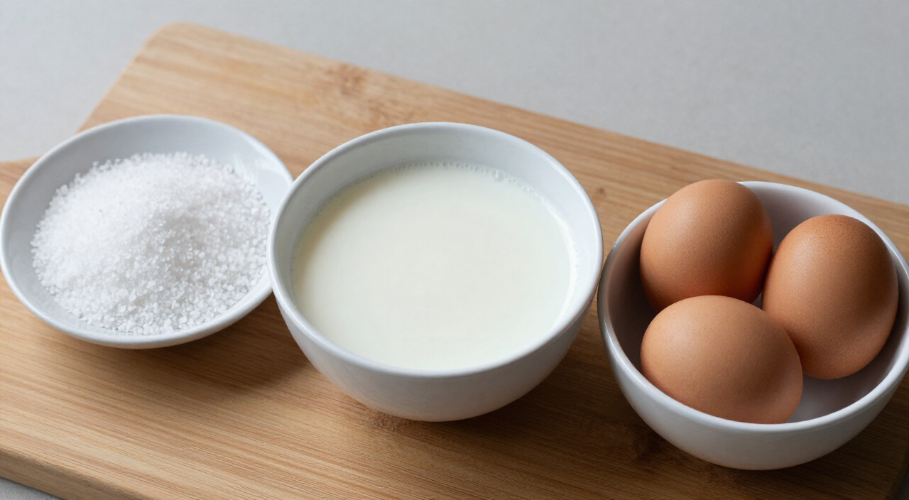 Fine sea salt, warm milk and three large eggs in bowls on a wooden cutting board