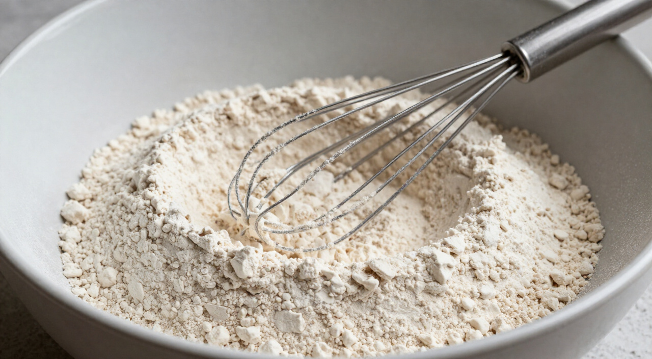 flour, yeast and salt whisked together in a large ceramic mixing bowl