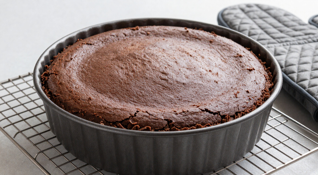 Flourless chocolate cake with a crackly top, just out of the oven