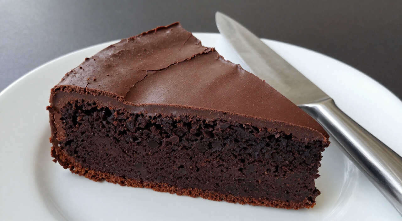 Flourless chocolate cake wedge with a dense fudgy cut face and crackly top beside a knife