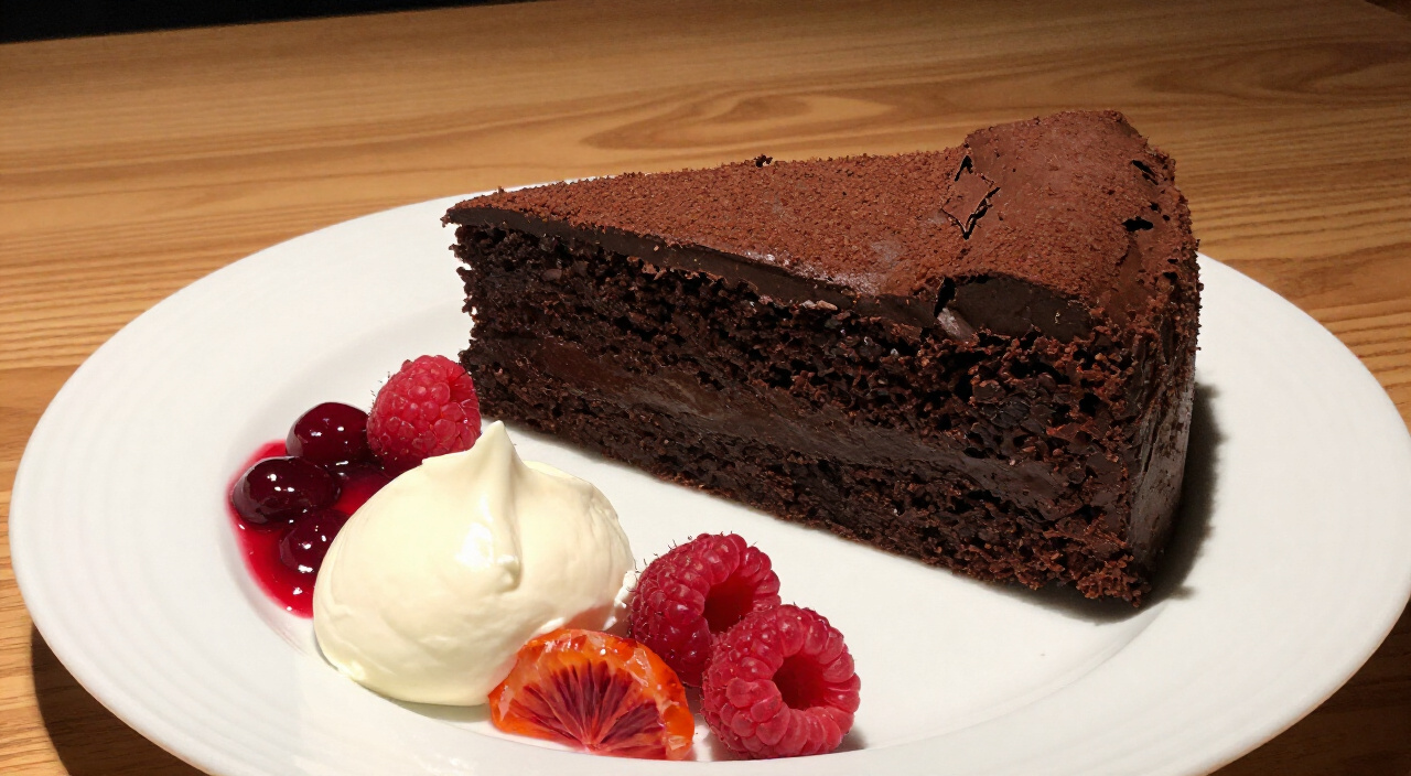 Flourless chocolate cake wedge plated with raspberries, crème fraîche, blood orange segments and cherry compote