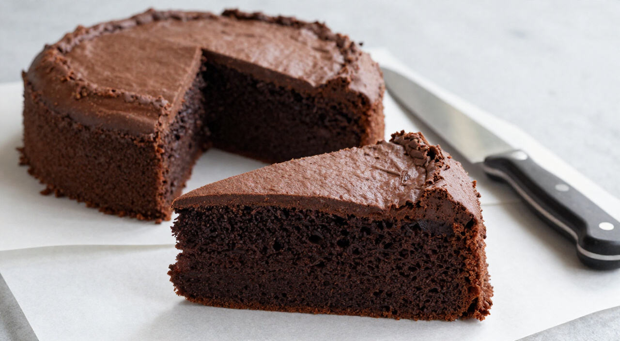 Fudgy slice of flourless chocolate cake cut from the whole cake