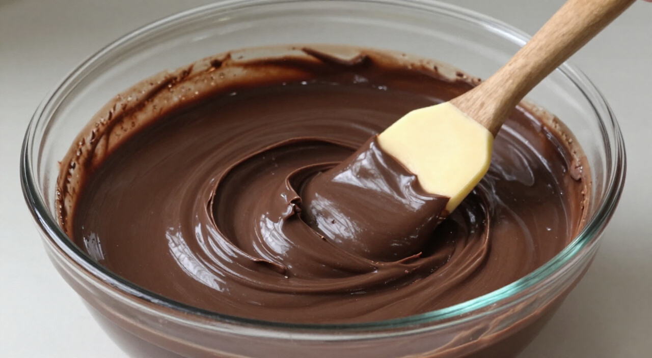 Glossy melted chocolate and butter in a glass bowl over simmering water