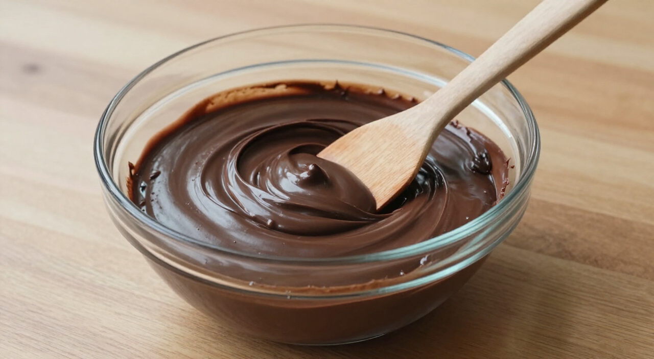 Glossy melted chocolate mixture cooling in a glass bowl on the counter