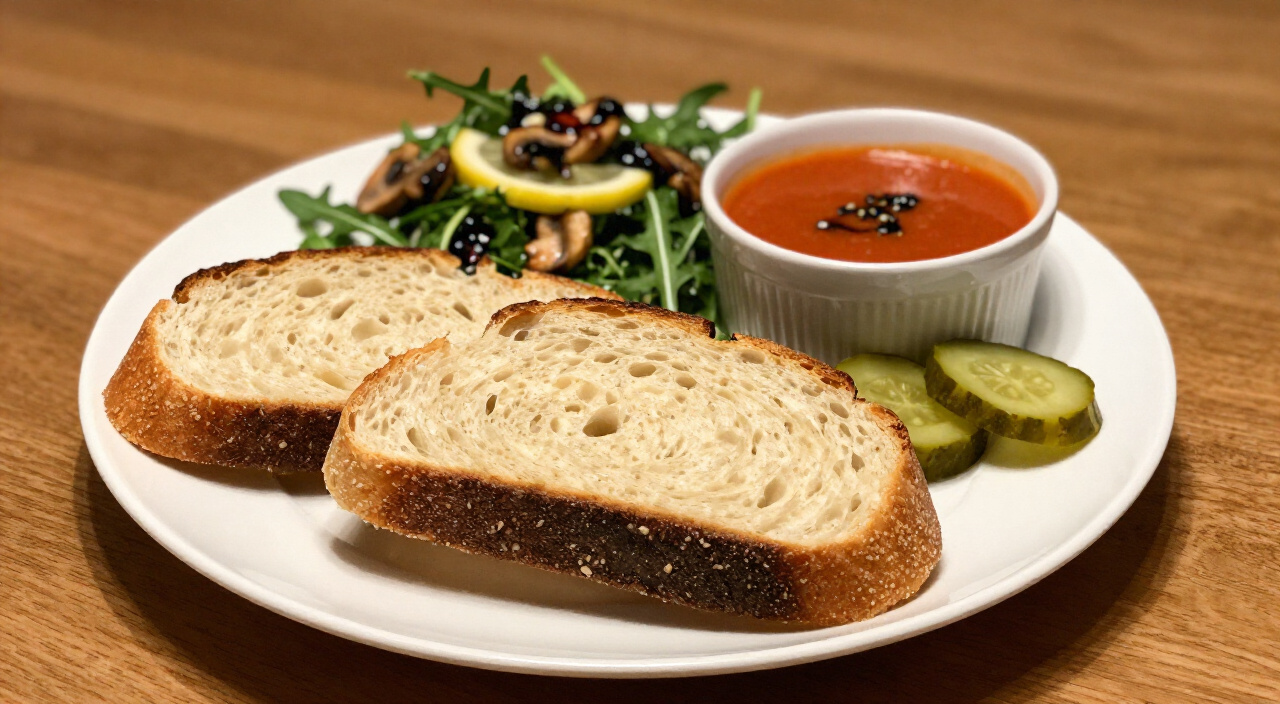 Gluten free bread slices plated with arugula salad, balsamic mushrooms, pickled cucumbers and tomato soup