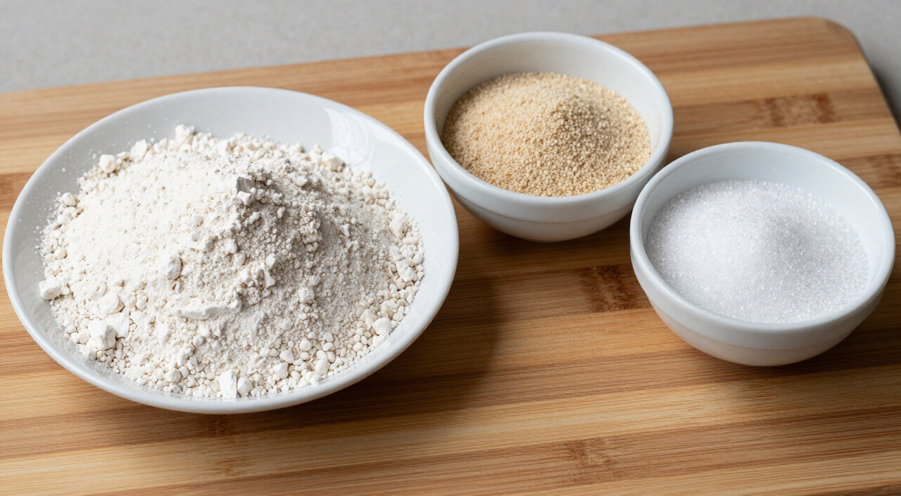 Gluten-free flour blend, instant yeast and granulated sugar in bowls on a wooden cutting board
