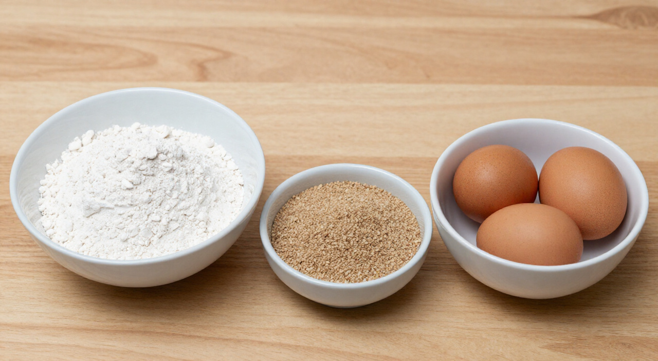 gluten free flour blend, instant yeast and eggs in separate bowls for a basic gluten free bread loaf