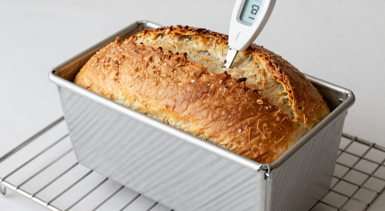 golden-brown baked gluten free loaf in its pan with a thermometer
