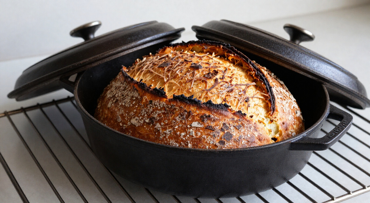 golden-brown crusty boule in an open cast-iron Dutch oven