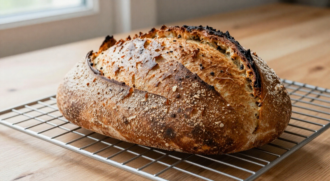 golden crusty boule cooling on a wire rack