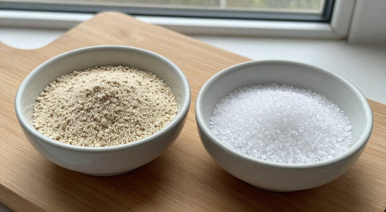 instant yeast and fine sea salt in small bowls on a wooden cutting board