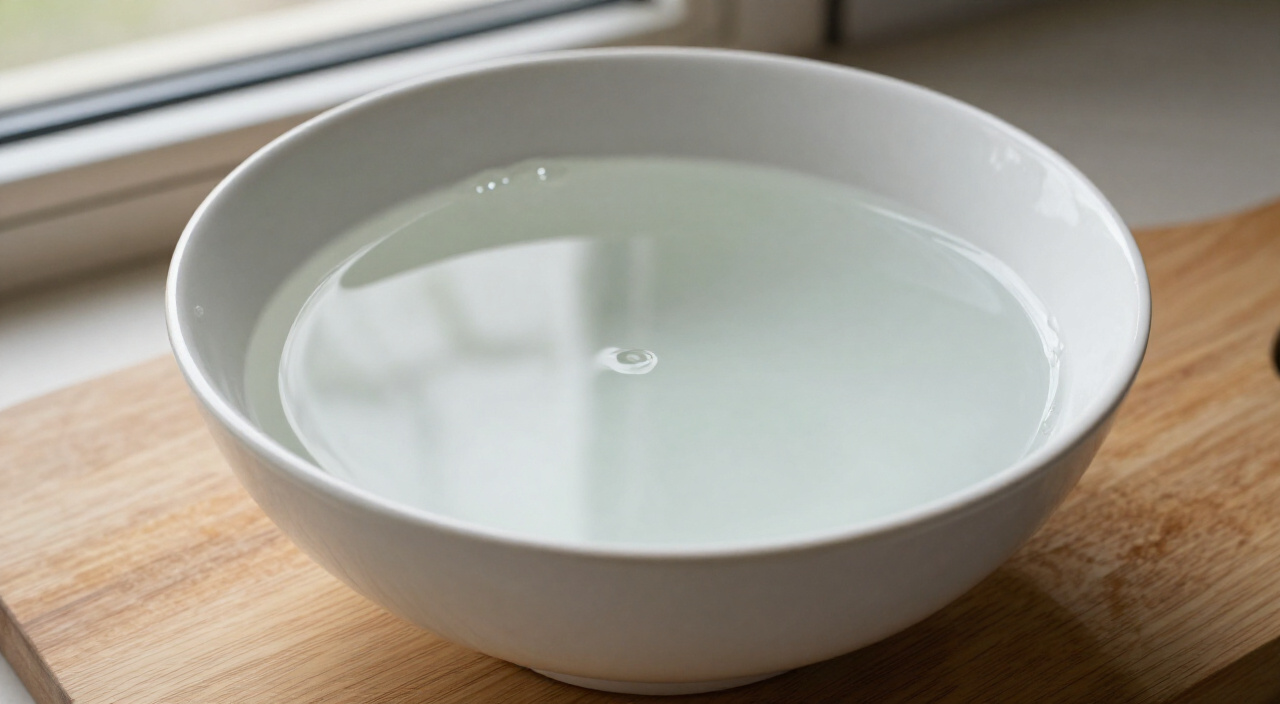 lukewarm water in a white ceramic bowl on a wooden cutting board