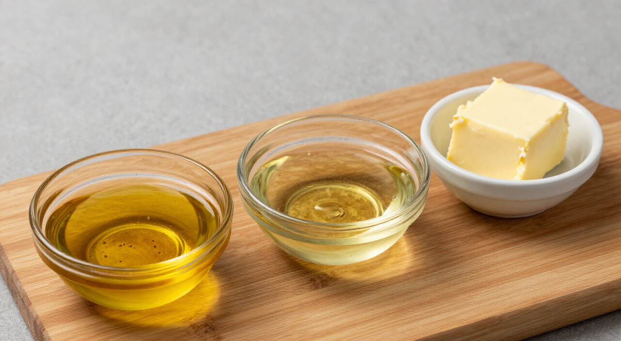 Olive oil, apple cider vinegar and softened butter in small bowls on a wooden cutting board