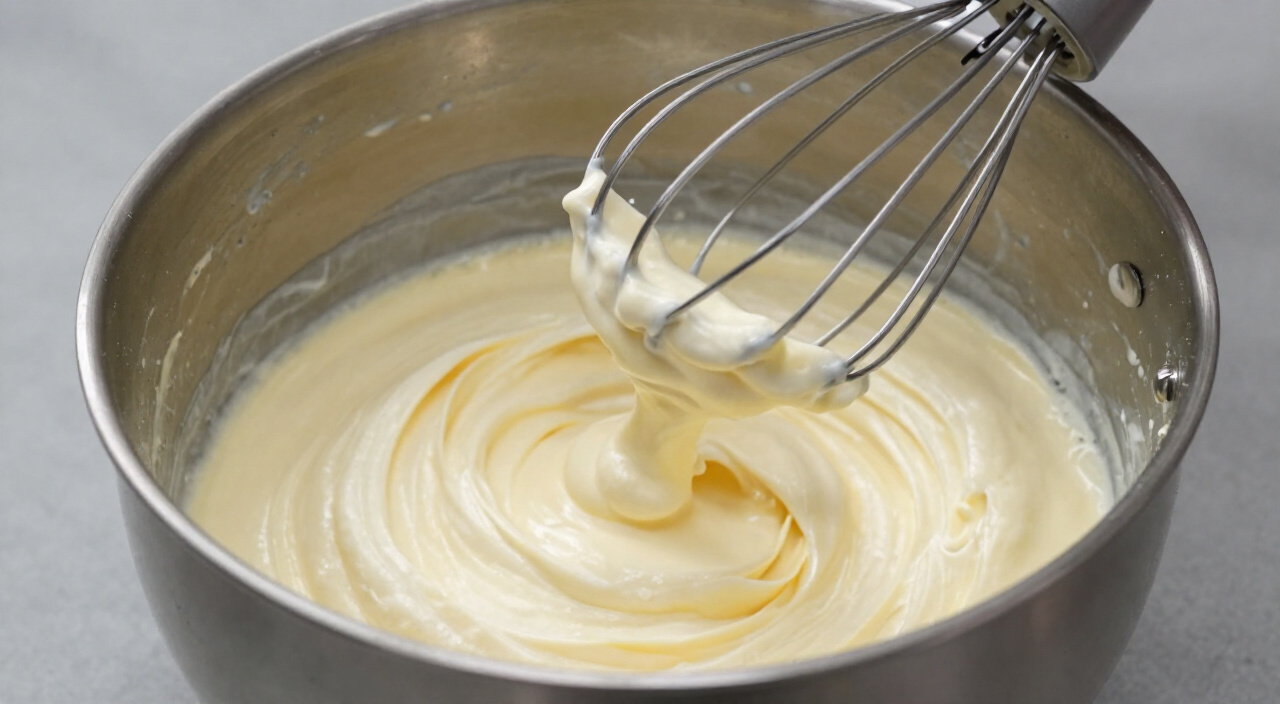 Pale thick whipped eggs falling in a slow ribbon from a stand mixer whisk
