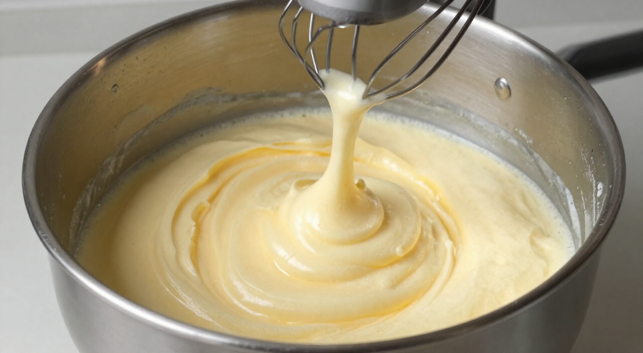 Pale whipped eggs falling in thick ribbons from a stand mixer whisk