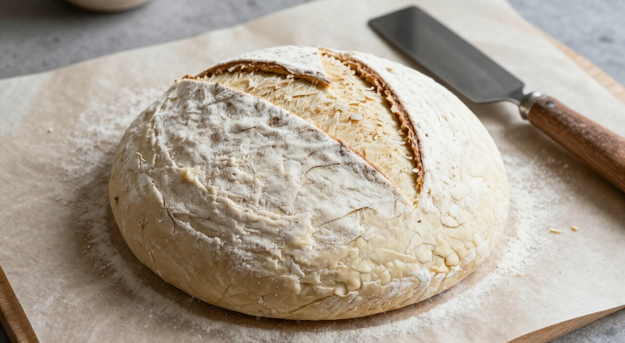 proofed boule with a curved score mark beside a bread lame