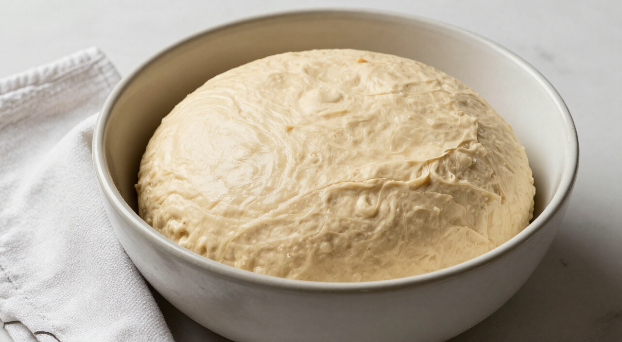 risen bread dough doubled in size in a ceramic bowl beside a kitchen towel