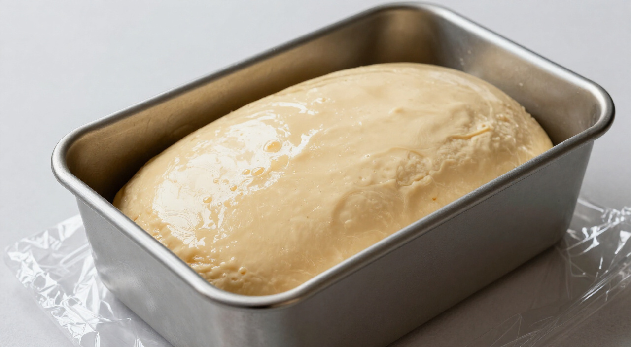 risen gluten free bread batter domed just above the rim of a metal loaf pan