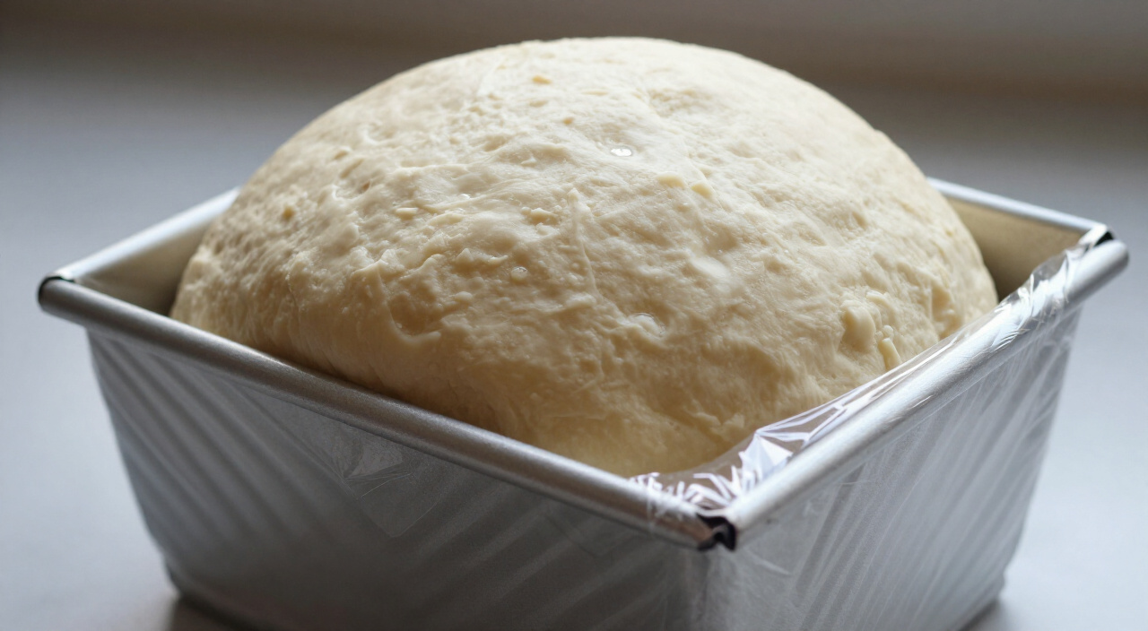 risen gluten free bread dough domed above the rim of a loaf pan