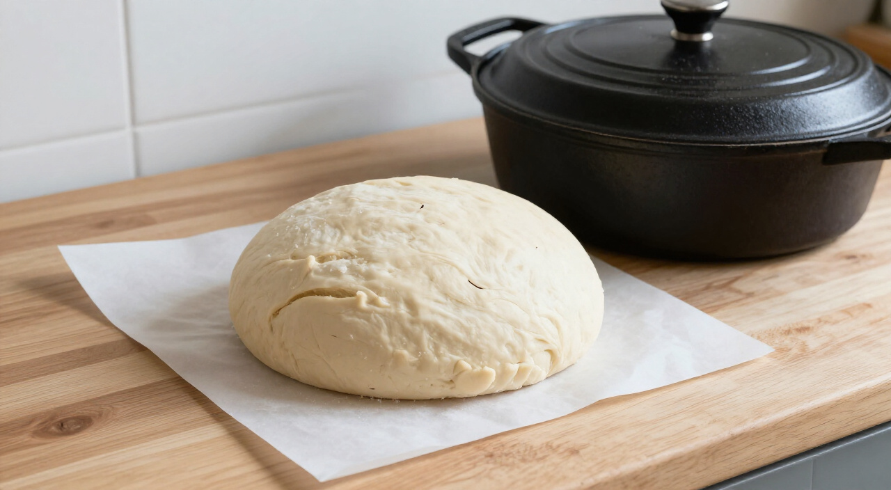 scored raw boule on parchment beside an open black cast-iron Dutch oven and its lid