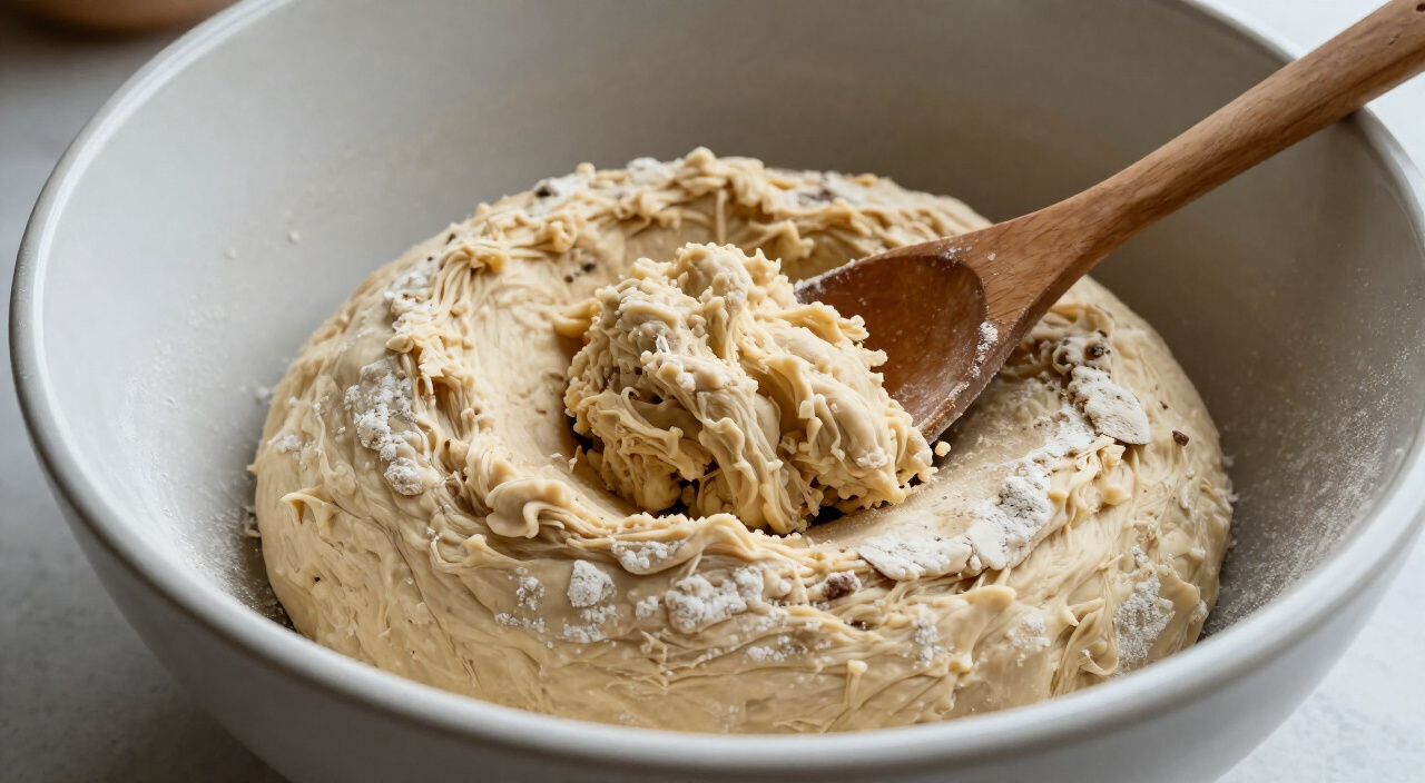 shaggy bread dough with a wooden spoon in a ceramic mixing bowl