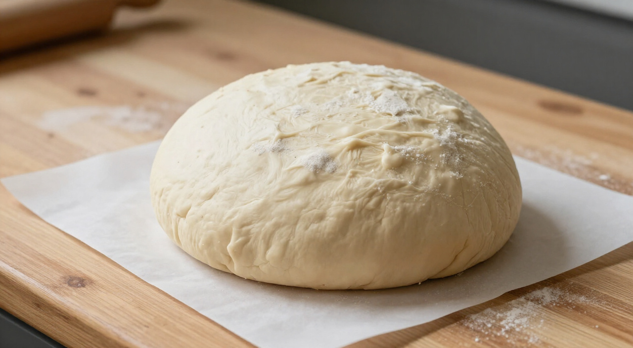 shaped round boule of dough proofing on parchment paper