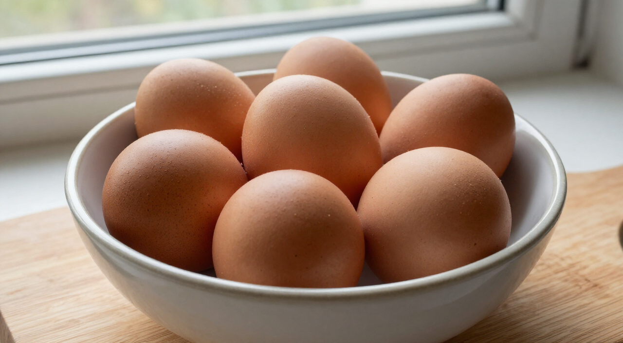 six large eggs in a bowl on a wooden cutting board