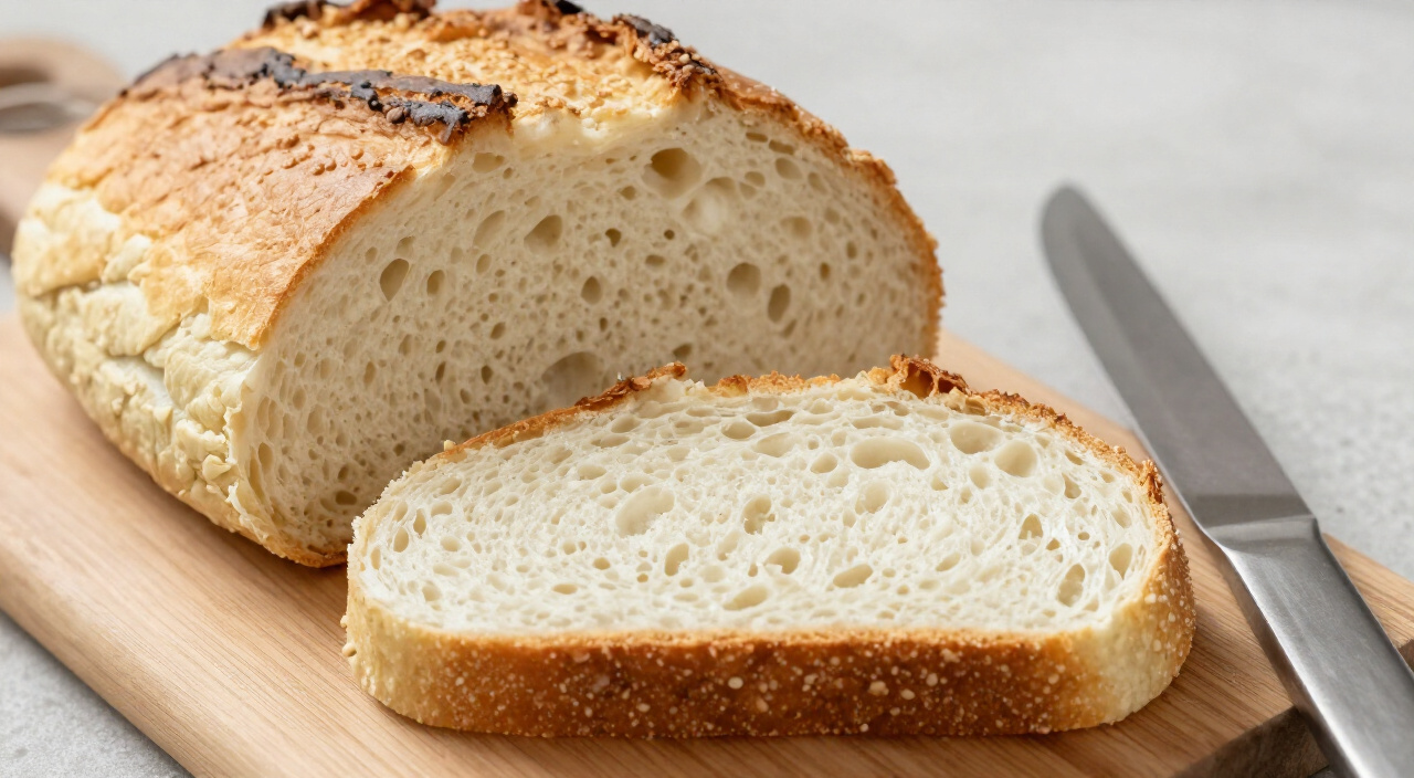 sliced gluten free bread on a wooden board with a serrated knife