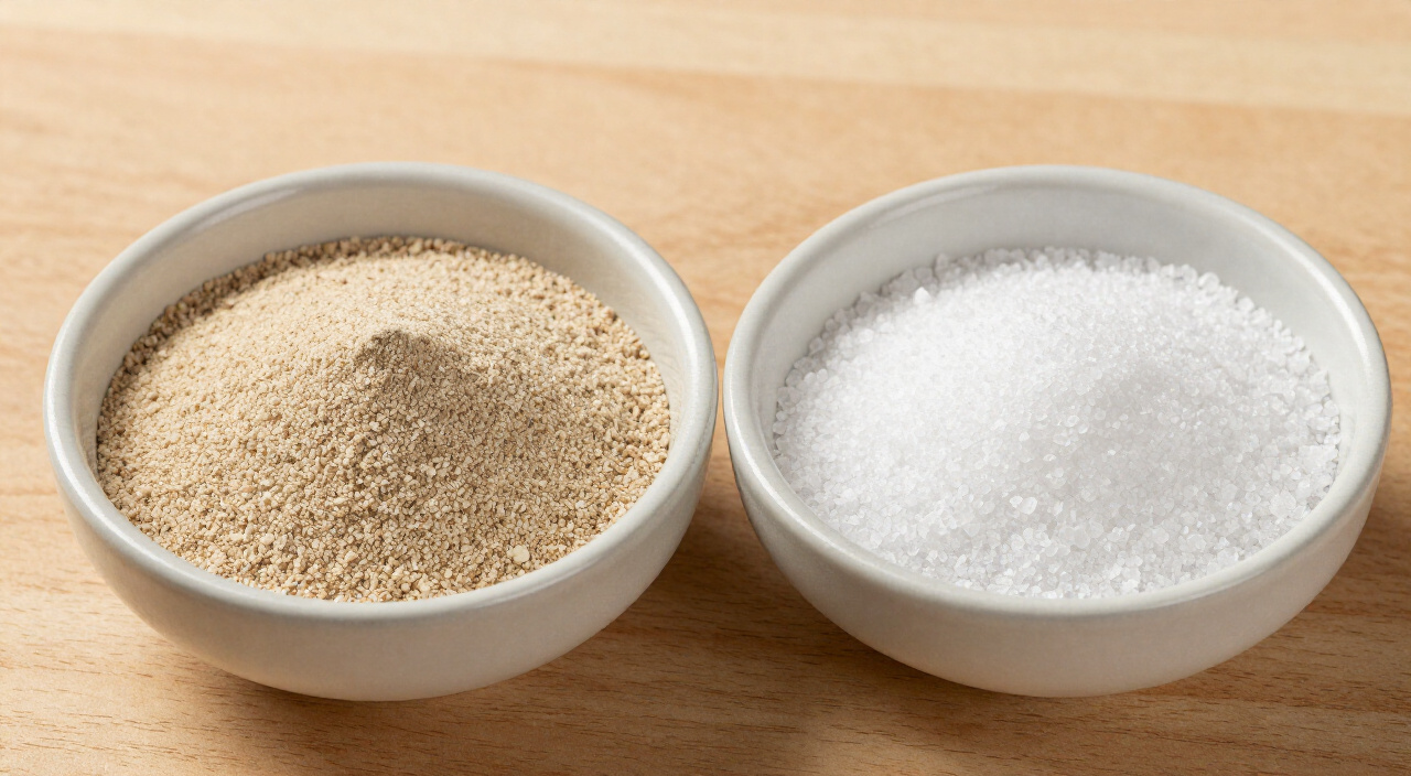 small bowls of instant yeast granules and fine sea salt on a wooden counter
