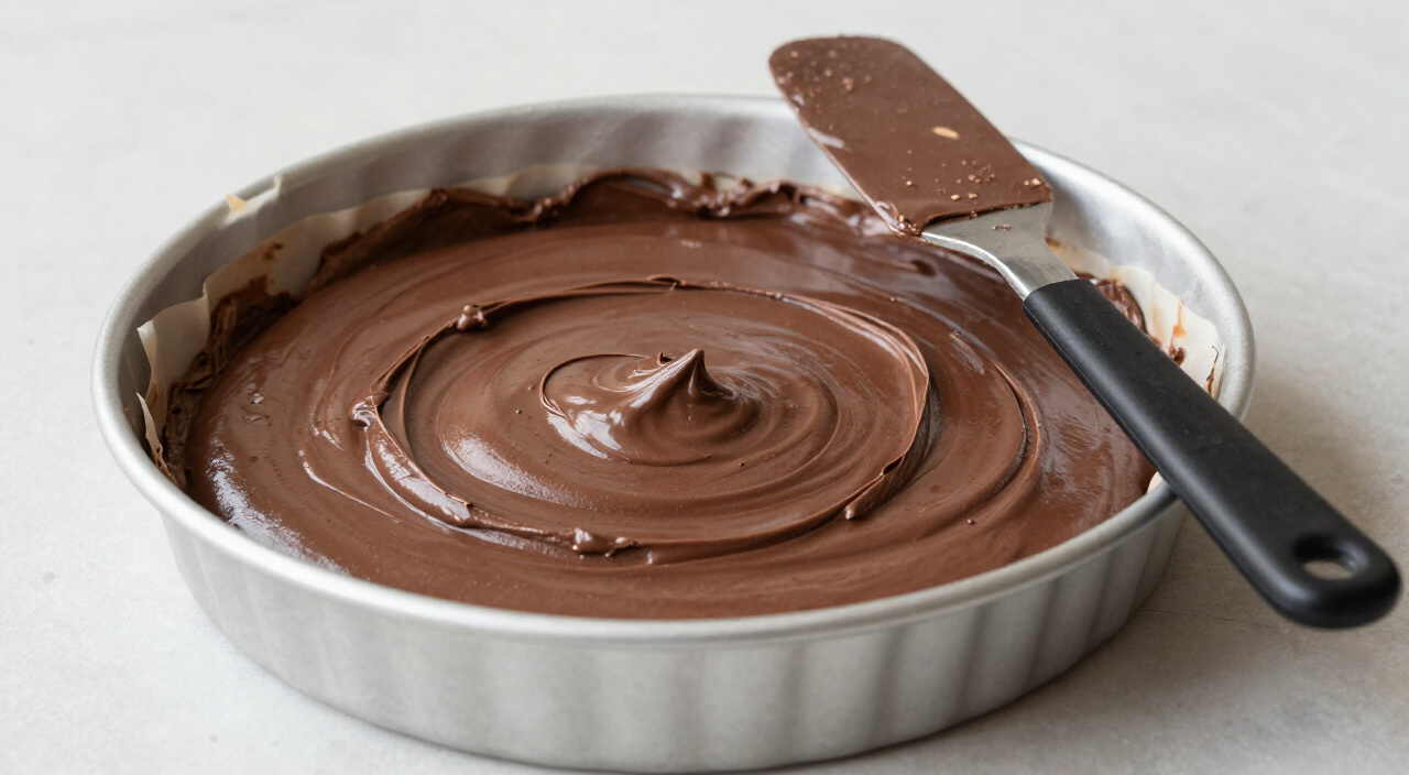 Smooth chocolate batter leveled in a lined springform pan