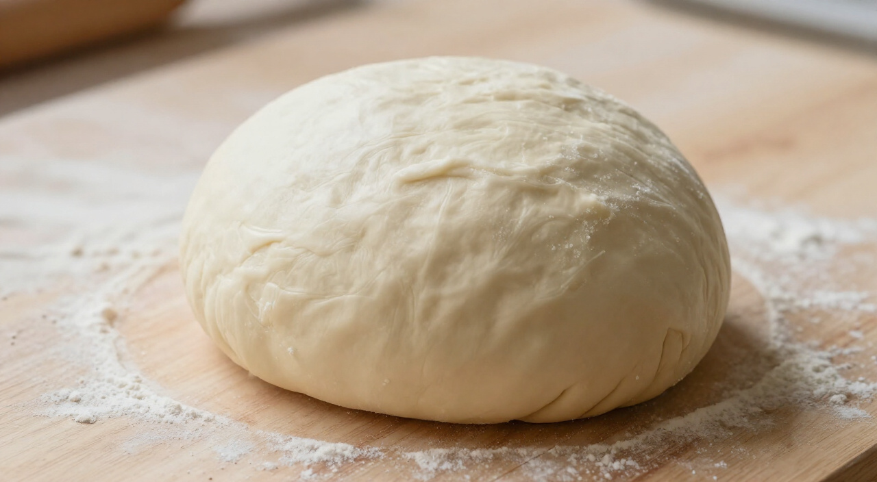 smooth kneaded ball of bread dough on a floured wooden counter