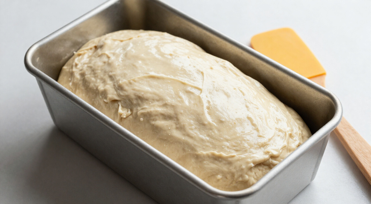 smoothed gluten free bread dough in a metal loaf pan