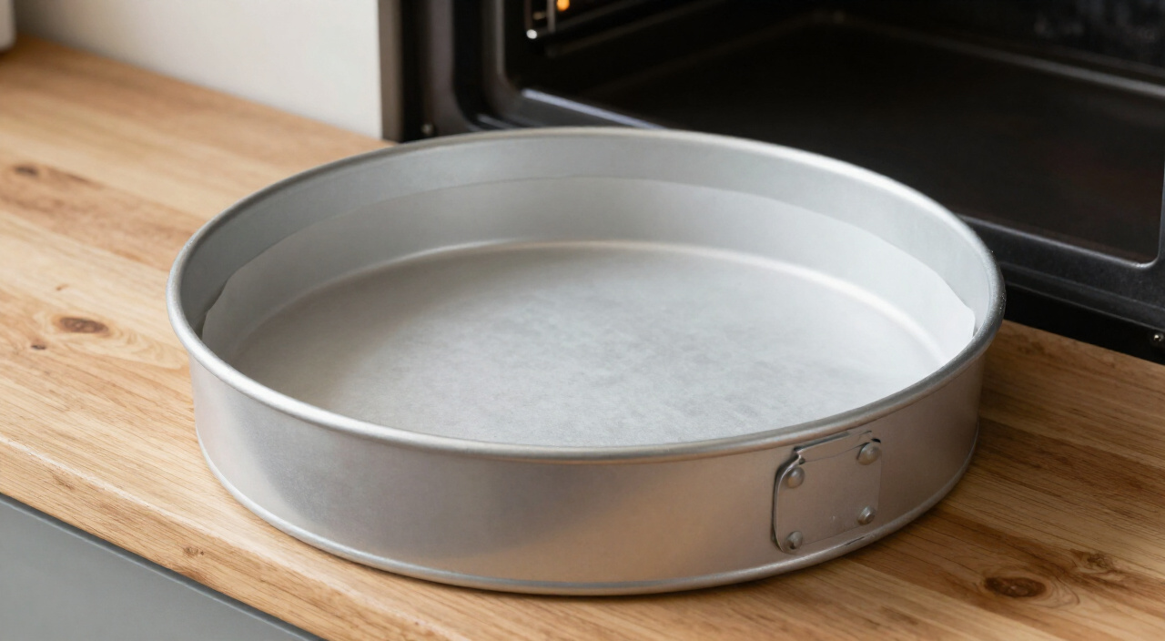 Springform pan lined with a parchment round beside a preheated oven